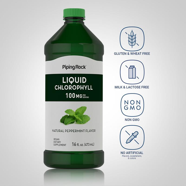 Elevate Your Health with Piping Rock Liquid Chlorophyll - Natural Peppermint Flavor, 100 Mg per Serving - 16 Fl Oz (473 Ml) Bottle of Nutrient-Rich Vitality!