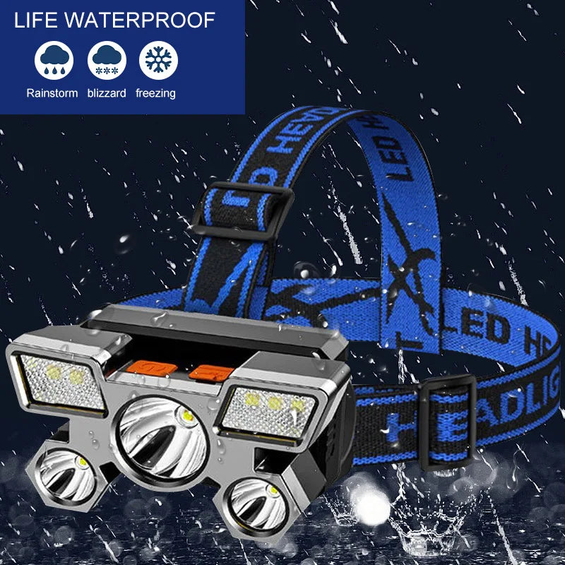 USB Rechargeable Headlamp Portable 5LED Headlight Built In Battery