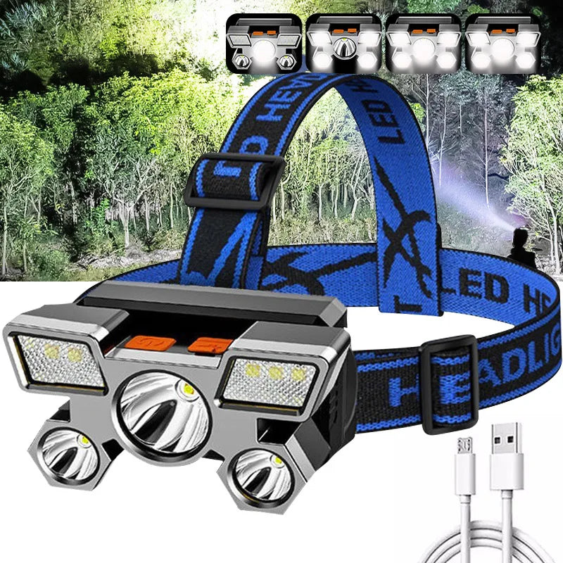 USB Rechargeable Headlamp Portable 5LED Headlight Built In Battery