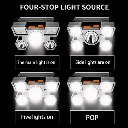 USB Rechargeable Headlamp Portable 5LED Headlight Built In Battery
