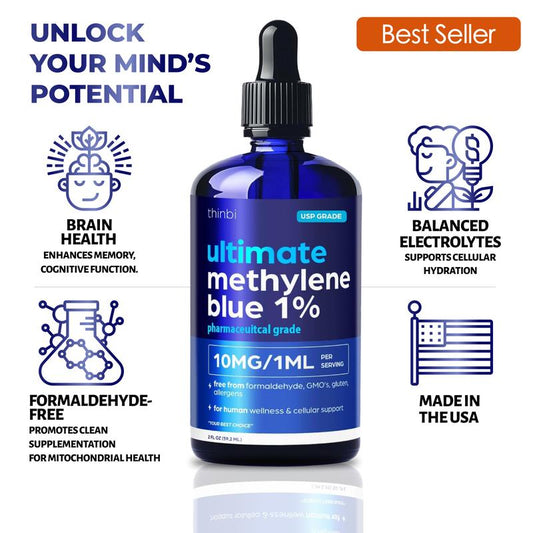 Thinbi Methylene Blue Advanced | Brain Boost, Mitochondrial Energy & Mood Support | 1% USP | 2 Month Supply | Laboratory-Tested, Balanced Electrolyte Base