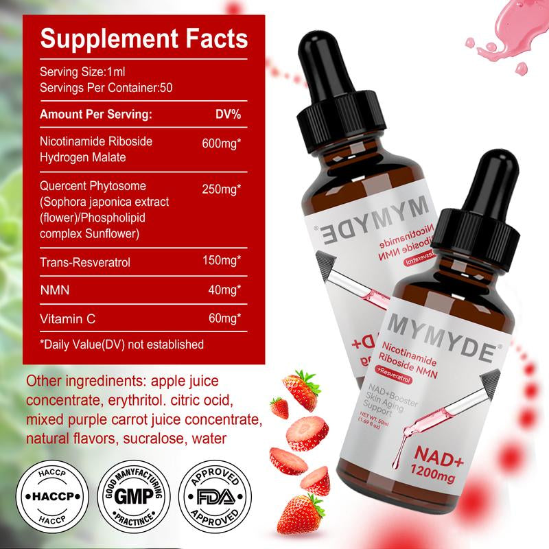 MYMYDE NR1200 - NAD+ Strawberry Flavor Blend Liquid 1.69 Fluid Ounces, Anti-Aging Supplement, Women'S Supplement, Concentration - 50 Mg - No Sugar Added - Vitamins, Dietary Consumer Goods Natural Foods Nutraceuticals Medical & Healthcare Edible Optimum