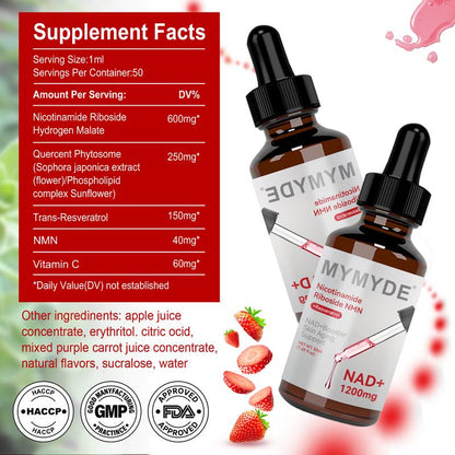 MYMYDE NR1200 - NAD+ Strawberry Flavor Blend Liquid 1.69 Fluid Ounces, Anti-Aging Supplement, Women'S Supplement, Concentration - 50 Mg - No Sugar Added - Vitamins, Dietary Consumer Goods Natural Foods Nutraceuticals Medical & Healthcare Edible Optimum